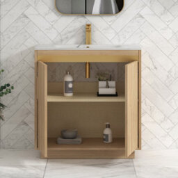Royal Bathrooms Orion 800mm Natural Oak 2 Door Floor Standing Vanity Unit With Carrara White Basin & Brushed Brass Accent Trim - thumbnail 4