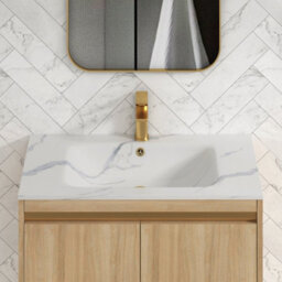 Royal Bathrooms Orion 800mm Natural Oak 2 Door Floor Standing Vanity Unit With Carrara White Basin & Brushed Brass Accent Trim - thumbnail 5