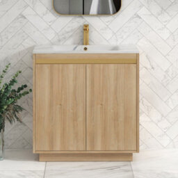 Royal Bathrooms Orion 800mm Natural Oak 2 Door Floor Standing Vanity Unit With Carrara White Basin & Brushed Brass Accent Trim