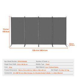 Vevor 4 Panel Folding Room Divider, Portable Partition Privacy Screen For Office Bedroom Study, Grey - thumbnail 7