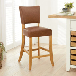 The Furniture Market Manor Oak Tan Brown Faux Leather Bar Stool Open Back Design Natural Oak Hardwood Frame Padded Seat Kitchen Counter Stool - thumbnail 1