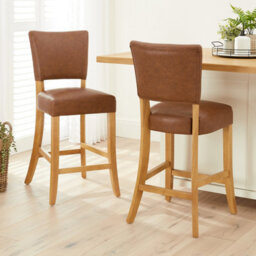 The Furniture Market Manor Oak Tan Brown Faux Leather Bar Stool Open Back Design Natural Oak Hardwood Frame Padded Seat Kitchen Counter Stool - thumbnail 3