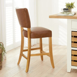 The Furniture Market Manor Oak Tan Brown Faux Leather Bar Stool Open Back Design Natural Oak Hardwood Frame Padded Seat Kitchen Counter Stool - thumbnail 2