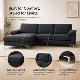SquareBoxx Venossa L Shaped Corner Sofa With Chaise Lounge A 4 Seater Modern Fabric Sofa, Deep Seat Comfort, Plush Cushions & Chrome Legs - thumbnail 4