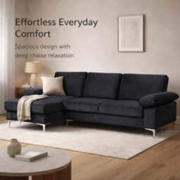 SquareBoxx Venossa L Shaped Corner Sofa With Chaise Lounge A 4 Seater Modern Fabric Sofa, Deep Seat Comfort, Plush Cushions & Chrome Legs - thumbnail 2