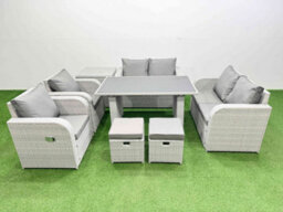 Fimous 8 Pieces Outdoor Pe Rattan Sofa Reclining Chair Set With Cushions Side Table 2 Small Stools Light Grey - thumbnail 1