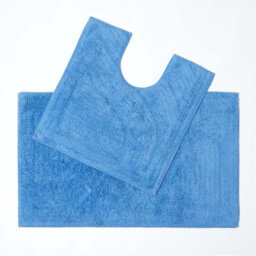 Homescapes Luxury Reversible Cotton Bath Mat Set - Cobalt Blue - thumbnail 1