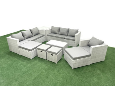 Fimous Rattan Garden Furniture Set 9 Pieces Outdoor Garden Sofa Chair Coffee Table Set Side Table 4 Stools Light Grey - image 1
