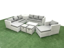Fimous Rattan Garden Furniture Set 9 Pieces Outdoor Garden Sofa Chair Coffee Table Set Side Table 4 Stools Light Grey - thumbnail 2
