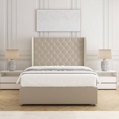 Bsspoke Amelia Divan Bed Set Cream Plush Velvet 54Inch Panel Headboard & Mattress No Drawers In 3Ft 4Ft 4Ft6 5Ft 6Ft - image 1