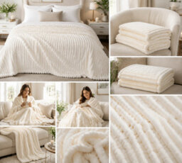 ARLinens Fluffy Fleece Blanket Ribbed For Bed Throw Blanket Reversible Multi Sizes 350Gsm (Cream, Double) - thumbnail 4