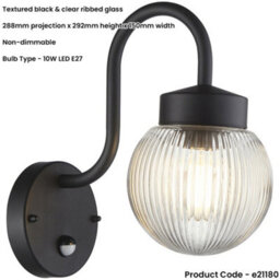 Loops Outdoor Textured Black Wall Light - Clear Ribbed Glass Shade - Non-Dimmable 10W Led E27 - thumbnail 2
