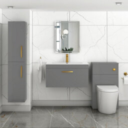 Royal Bathrooms Turin Indigo Grey Gloss 800mm Wall Hung Vanity Unit 1 Drawer With Minimalist Basin Sink & Brushed Brass Handles - thumbnail 4