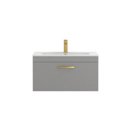 Royal Bathrooms Turin Indigo Grey Gloss 800mm Wall Hung Vanity Unit 1 Drawer With Minimalist Basin Sink & Brushed Brass Handles - thumbnail 6