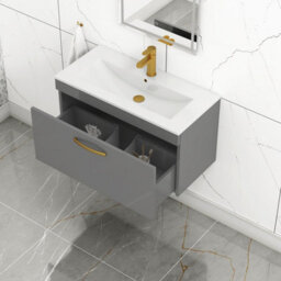 Royal Bathrooms Turin Indigo Grey Gloss 800mm Wall Hung Vanity Unit 1 Drawer With Minimalist Basin Sink & Brushed Brass Handles - thumbnail 5