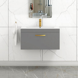 Royal Bathrooms Turin Indigo Grey Gloss 800mm Wall Hung Vanity Unit 1 Drawer With Minimalist Basin Sink & Brushed Brass Handles