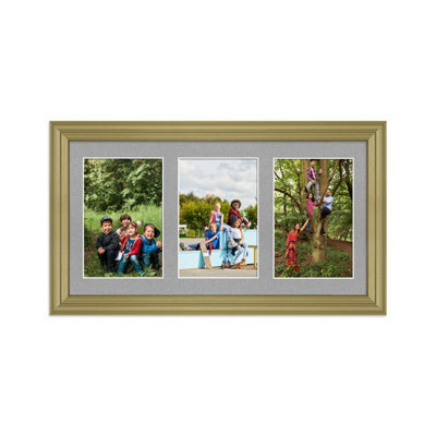 AK Frames 40X20Cm Gold Classic Multi Photo Frame With Silver Mount - Holds 3 Apertures (3X) 6X4 Photos - image 1