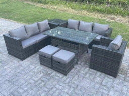 Fimous 9 Seater Outdoor Lounge Sofa Garden Furniture Set Patio Chair Rattan Rectangular Dining Table With Side Table 2 Footstool - thumbnail 2