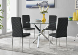 Furniturebox Selina Chrome Round Square Leg Glass Dining Table And 4 Black Milan Chairs Set - thumbnail 1