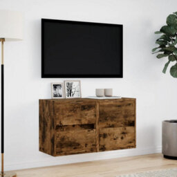 Berkfield Tv Wall Cabinets With Led Lights 2 Pcs Smoked Oak 41X31X45 Cm - thumbnail 4