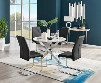 Furniturebox Novara White Marble Effect 100Cm Round Dining Table With Chrome Starburst Legs & 4 Black Faux Leather Lorenzo Chairs - image 1