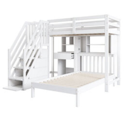 Btm Wood House Bunk Bed 90X190Cm With Desk & Shelves, Kids Cabin Bed With Storage, White - thumbnail 8