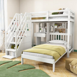 Btm Wood House Bunk Bed 90X190Cm With Desk & Shelves, Kids Cabin Bed With Storage, White - thumbnail 3