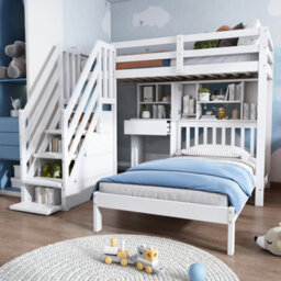Btm Wood House Bunk Bed 90X190Cm With Desk & Shelves, Kids Cabin Bed With Storage, White - thumbnail 1