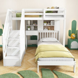 Btm Wood House Bunk Bed 90X190Cm With Desk & Shelves, Kids Cabin Bed With Storage, White - thumbnail 4