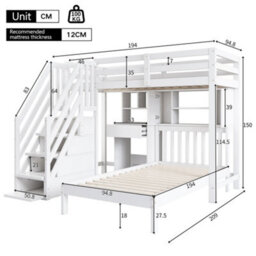 Btm Wood House Bunk Bed 90X190Cm With Desk & Shelves, Kids Cabin Bed With Storage, White - thumbnail 7