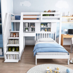 Btm Wood House Bunk Bed 90X190Cm With Desk & Shelves, Kids Cabin Bed With Storage, White - thumbnail 2