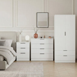 Lassic Vida Designs Trega 3 Piece Bedroom Set (3 Drawer Bedside Chest, 4 Drawer Chest, 2 Door 2 Drawer Wardrobe) White - thumbnail 1