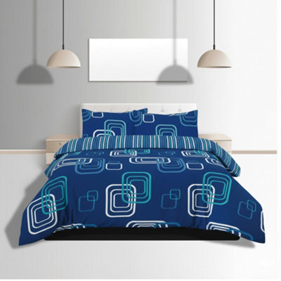 Duvet Cover And Pillowcase Set Geometric Square Design Polycotton Bed Linen Blue - image 1
