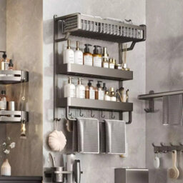 Living And Home 3 Tier Wall Mounted Aluminium Bathroom Wall Shelf No Drill Organizer With Towel Bar And Hooks - thumbnail 2