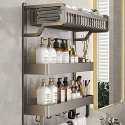 Living And Home 3 Tier Wall Mounted Aluminium Bathroom Wall Shelf No Drill Organizer With Towel Bar And Hooks - thumbnail 3
