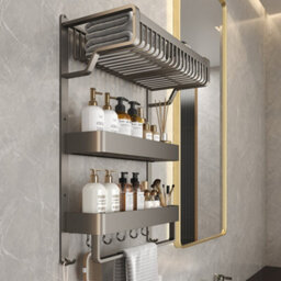 Living And Home 3 Tier Wall Mounted Aluminium Bathroom Wall Shelf No Drill Organizer With Towel Bar And Hooks - thumbnail 4