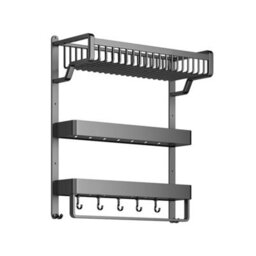 Living And Home 3 Tier Wall Mounted Aluminium Bathroom Wall Shelf No Drill Organizer With Towel Bar And Hooks - thumbnail 5