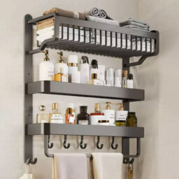 Living And Home 3 Tier Wall Mounted Aluminium Bathroom Wall Shelf No Drill Organizer With Towel Bar And Hooks - thumbnail 1