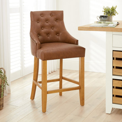 The Furniture Market Luxury Vintage Tan Brown Faux Leather Scoop Back Kitchen Counter Bar Stool Quilted Button Back Stud Detailing Solid Wood Frame - image 1