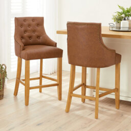 The Furniture Market Luxury Vintage Tan Brown Faux Leather Scoop Back Kitchen Counter Bar Stool Quilted Button Back Stud Detailing Solid Wood Frame - thumbnail 3