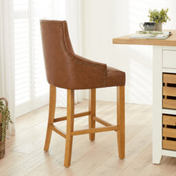 The Furniture Market Luxury Vintage Tan Brown Faux Leather Scoop Back Kitchen Counter Bar Stool Quilted Button Back Stud Detailing Solid Wood Frame - thumbnail 2