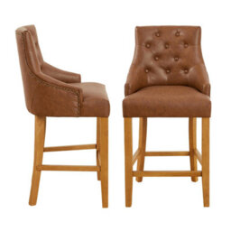 The Furniture Market Luxury Vintage Tan Brown Faux Leather Scoop Back Kitchen Counter Bar Stool Quilted Button Back Stud Detailing Solid Wood Frame - thumbnail 5