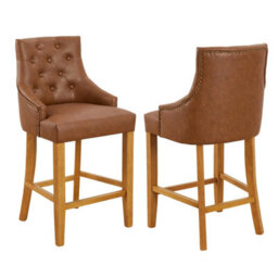 The Furniture Market Luxury Vintage Tan Brown Faux Leather Scoop Back Kitchen Counter Bar Stool Quilted Button Back Stud Detailing Solid Wood Frame - thumbnail 4