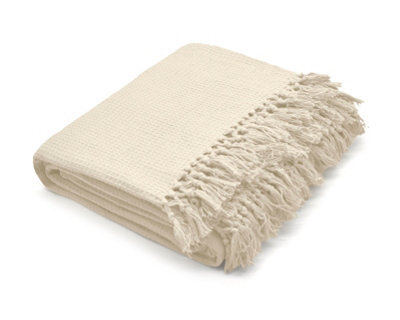 Velosso Elegant Textured Cotton Throw Blanket With Tassled Edging, Perfect For Sofa, Bed - 90Cm X 100Cm, Woven Cotton Throw - Cream