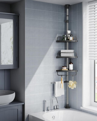 Shower Caddy Shelf, Telescopic Corner Storage Organizer For Bathroom, Stainless Steel, Metallic Silver And Ink Black - image 1