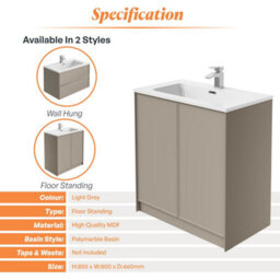 Plum&clay Jenner Light Grey Freestanding Vanity Unit & Basin Set (W)800mm (H)855mm - thumbnail 4