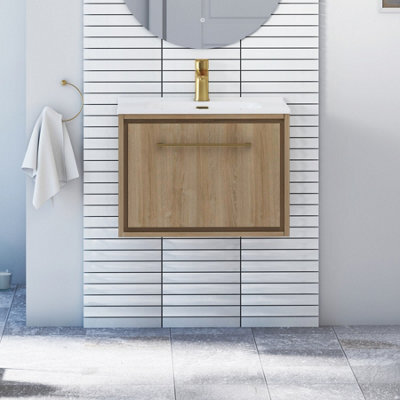 Royal Bathrooms Livora 600mm Natural Oak Wall Hung Bathroom Vanity Unit 1 Drawer With Ceramic Basin & Brushed Brass Handle - image 1