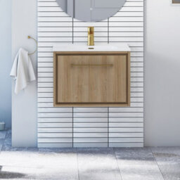 Royal Bathrooms Livora 600mm Natural Oak Wall Hung Bathroom Vanity Unit 1 Drawer With Ceramic Basin & Brushed Brass Handle - thumbnail 1