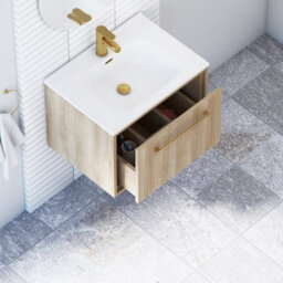 Royal Bathrooms Livora 600mm Natural Oak Wall Hung Bathroom Vanity Unit 1 Drawer With Ceramic Basin & Brushed Brass Handle - thumbnail 5