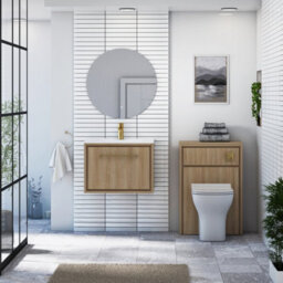 Royal Bathrooms Livora 600mm Natural Oak Wall Hung Bathroom Vanity Unit 1 Drawer With Ceramic Basin & Brushed Brass Handle - thumbnail 4